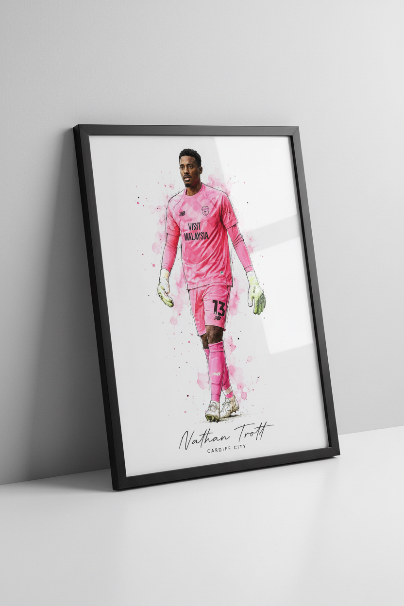 Nathan Trott Cardiff City print in black frame close-up