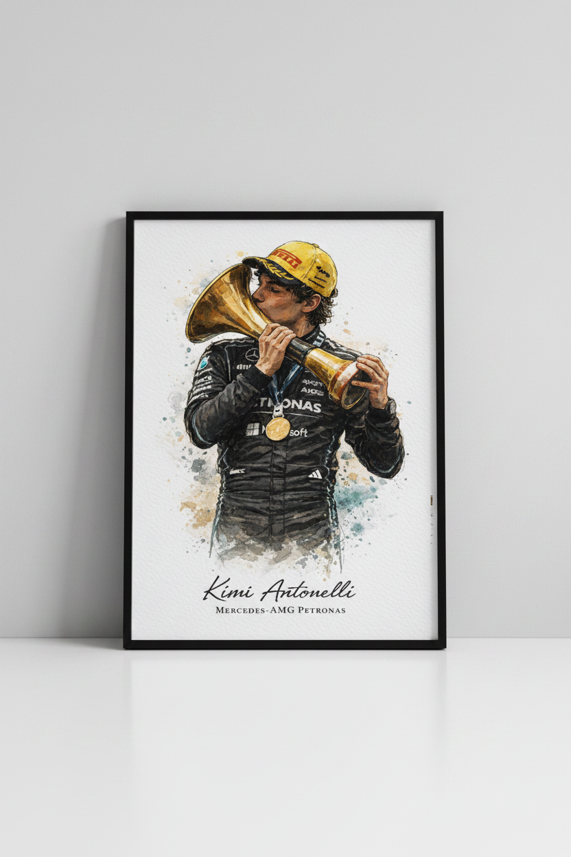 Kimi Antonelli Mercedes-AMG Petronas F1 print in black frame close-up