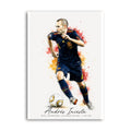 Andrés Iniesta in Spain dark blue kit with football and watercolour accents