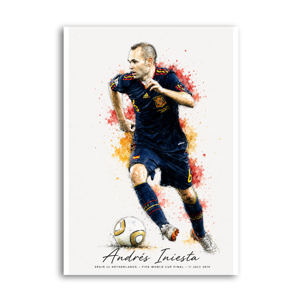 Andrés Iniesta in Spain dark blue kit with football and watercolour accents