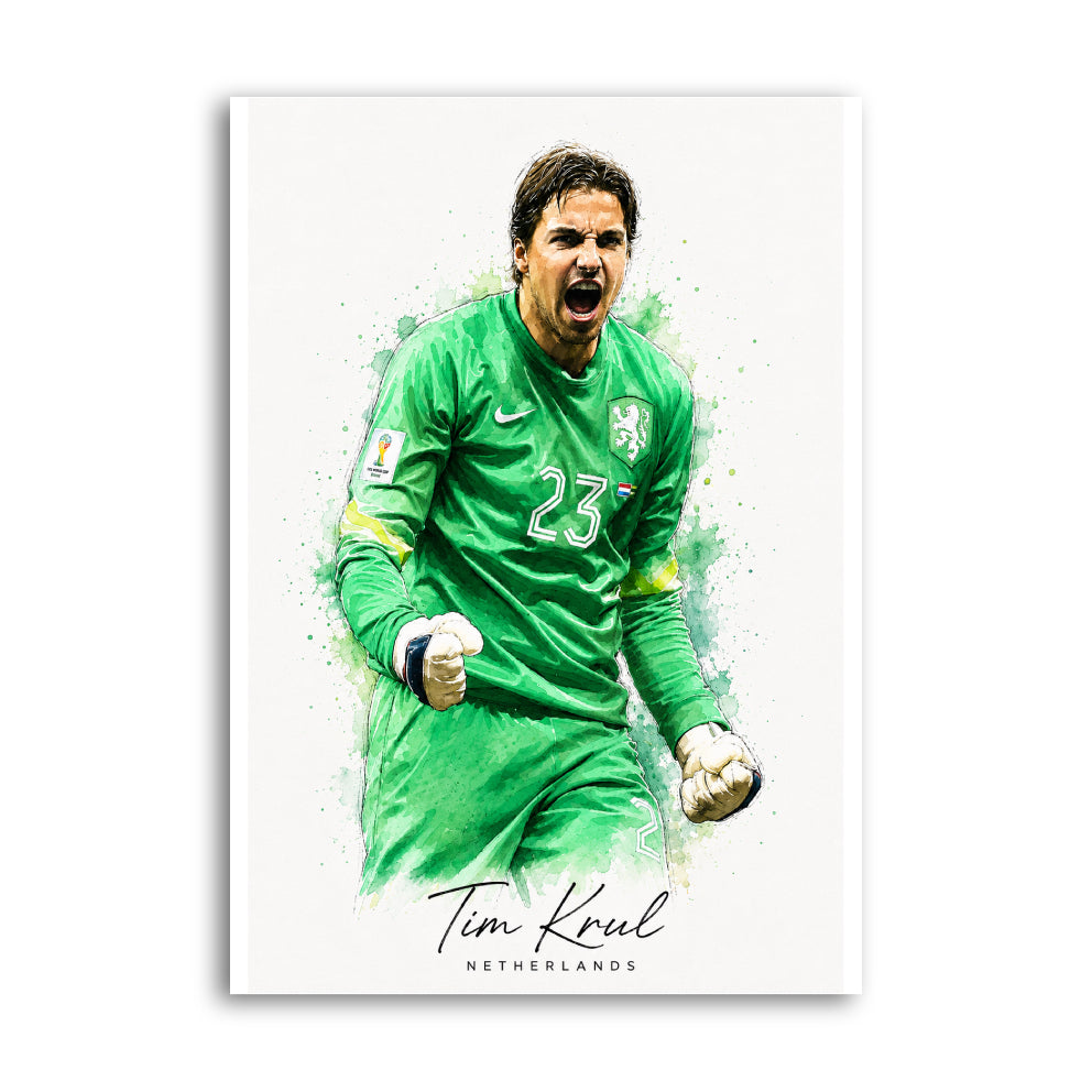 Tim Krul celebrating in green Netherlands goalkeeper kit with watercolour accents
