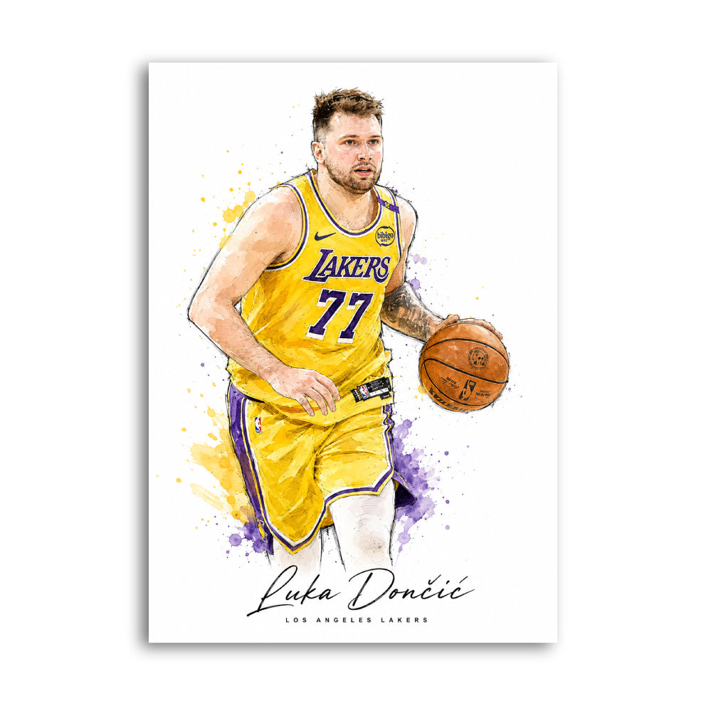 Watercolour-style print of Luka Dončić in action
