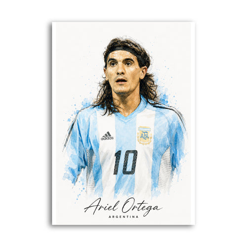 Ariel Ortega portrait in Argentina striped number 10 shirt with blue watercolour accents