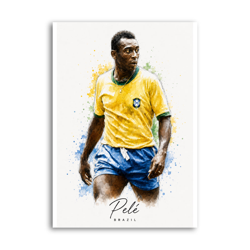 Pelé portrait in Brazil yellow football shirt with watercolour accents