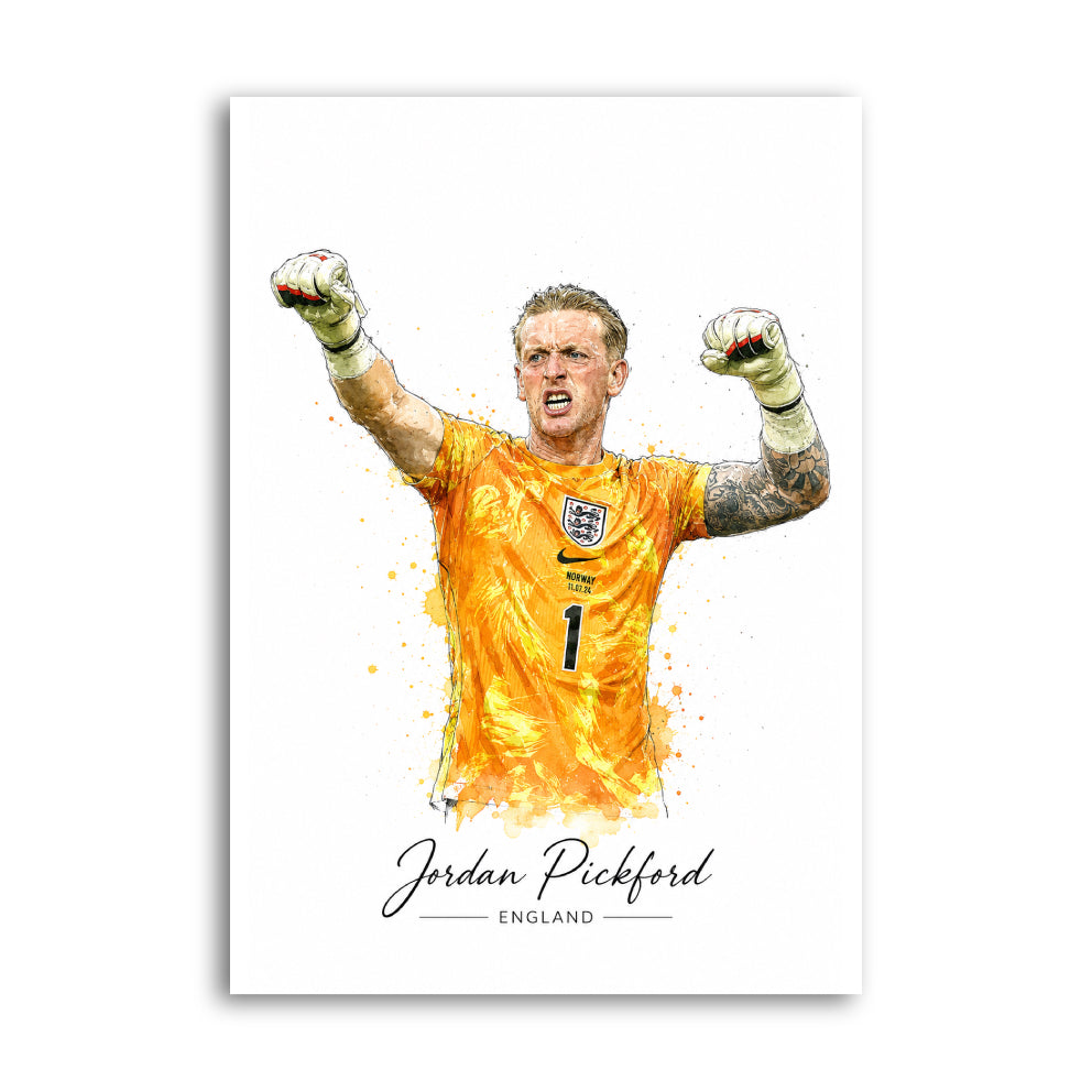 Jordan Pickford in an England goalkeeper kit, watercolour-style football wall art