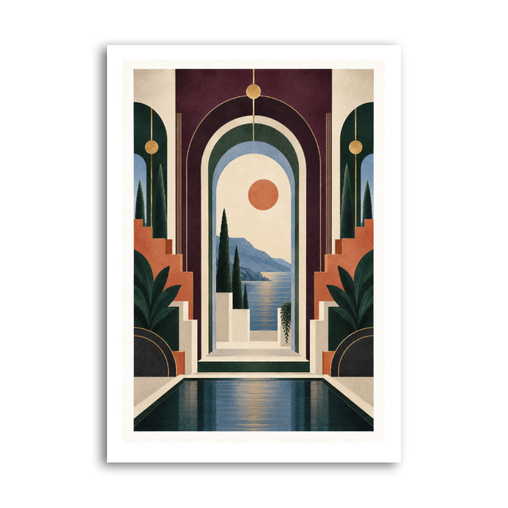 Neo Deco geometric archway framing a serene mountain lake landscape
