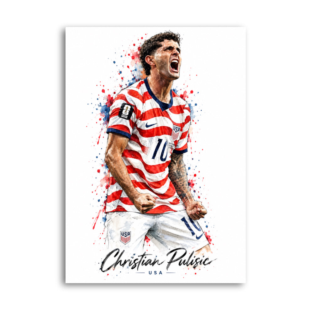 Christian Pulisic celebrating in a red, white and blue USA number 10 shirt