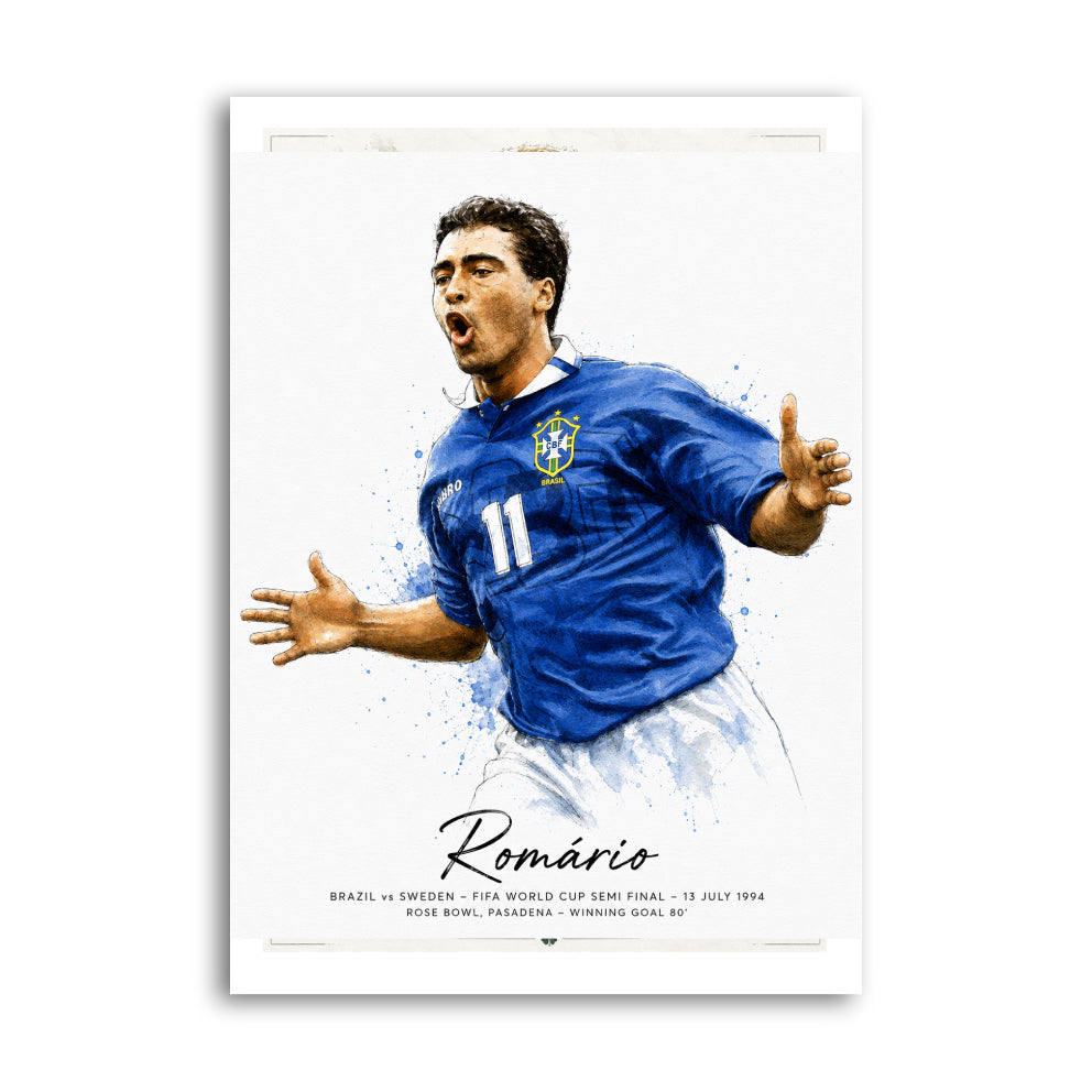 Romário celebrating in Brazil blue shirt, 1994 World Cup semi-final artwork