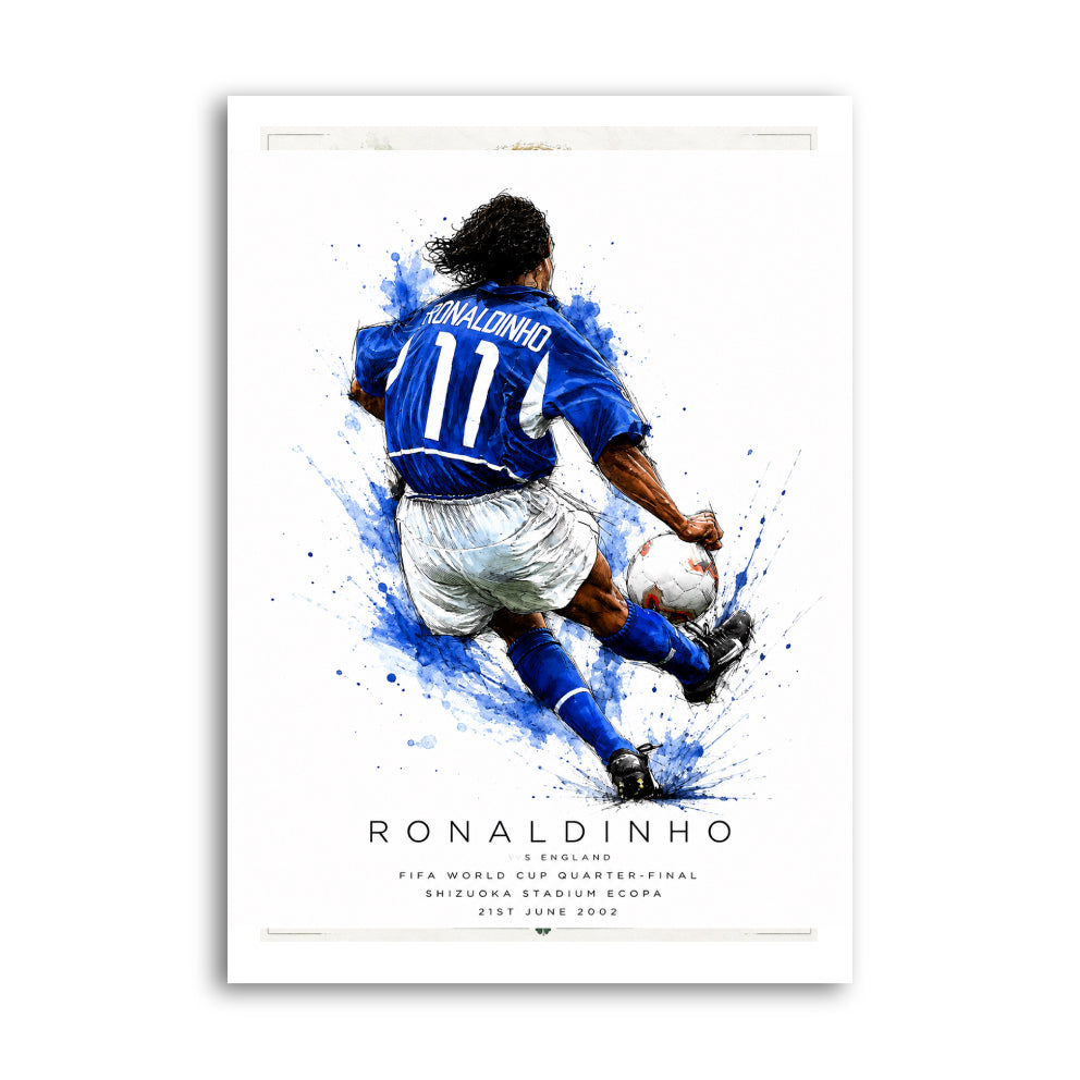 Ronaldinho in Brazil blue number 11 kit against England, 2002 World Cup artwork