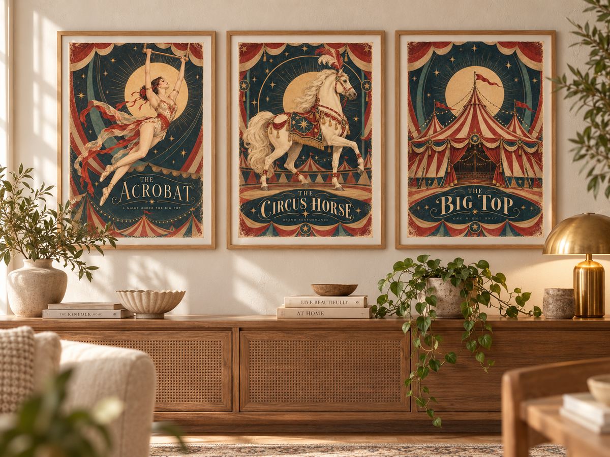 Room mockup displaying three vintage circus A4 prints: The Acrobat, The Circus Horse and The Big Top