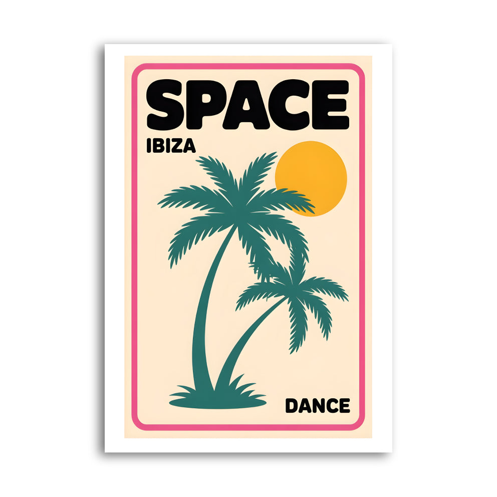 Space Ibiza Dance poster with teal palm trees, golden sun and pink border