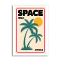 Space Ibiza Dance poster with teal palm trees, golden sun and pink border