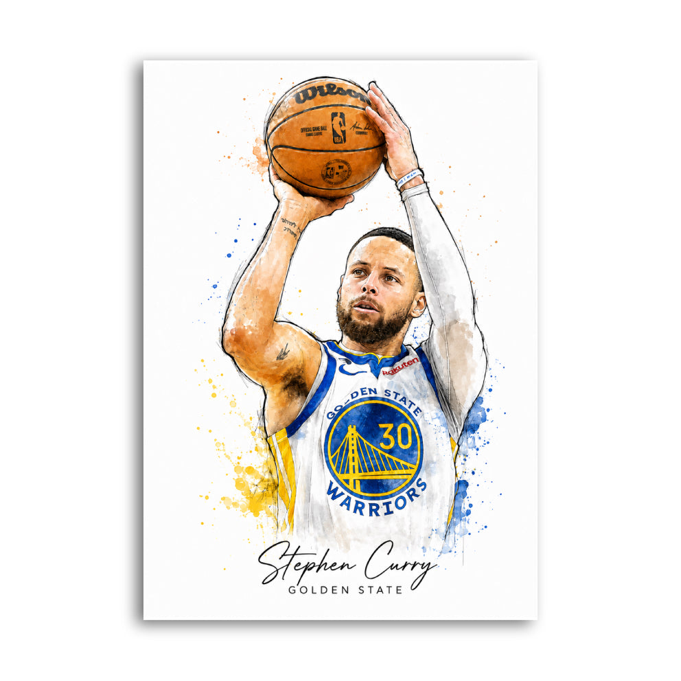 Watercolour-style print of Stephen Curry shooting for the Golden State Warriors