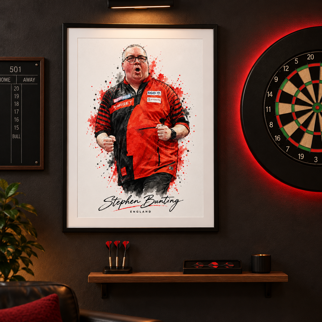 Stephen Bunting print in a darts-themed room