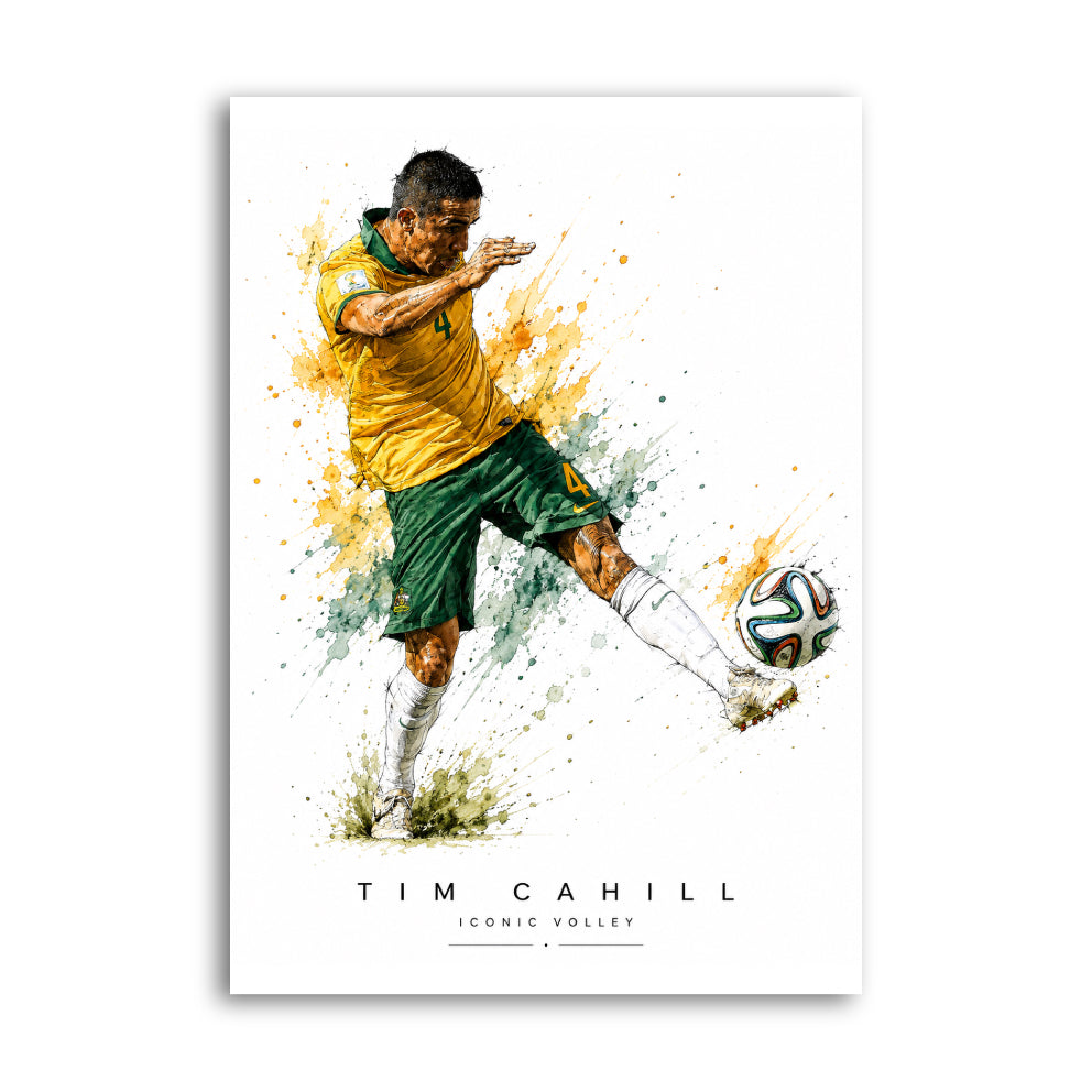 Tim Cahill striking a volley in yellow Australia kit with watercolour accents