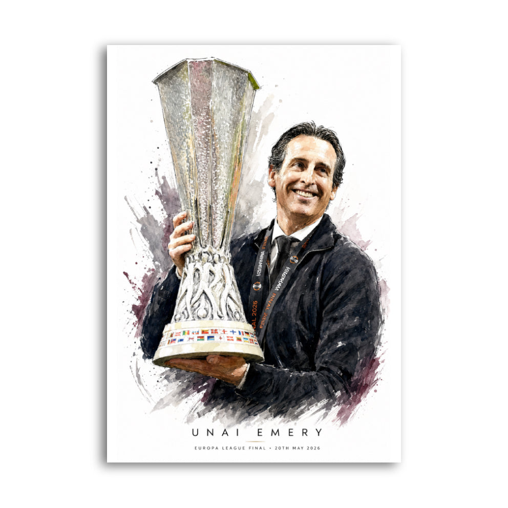 Unai Emery lifting Europa League trophy watercolour art print A4