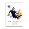 Robin van Persie diving header in dark blue Netherlands kit against Spain in 2014