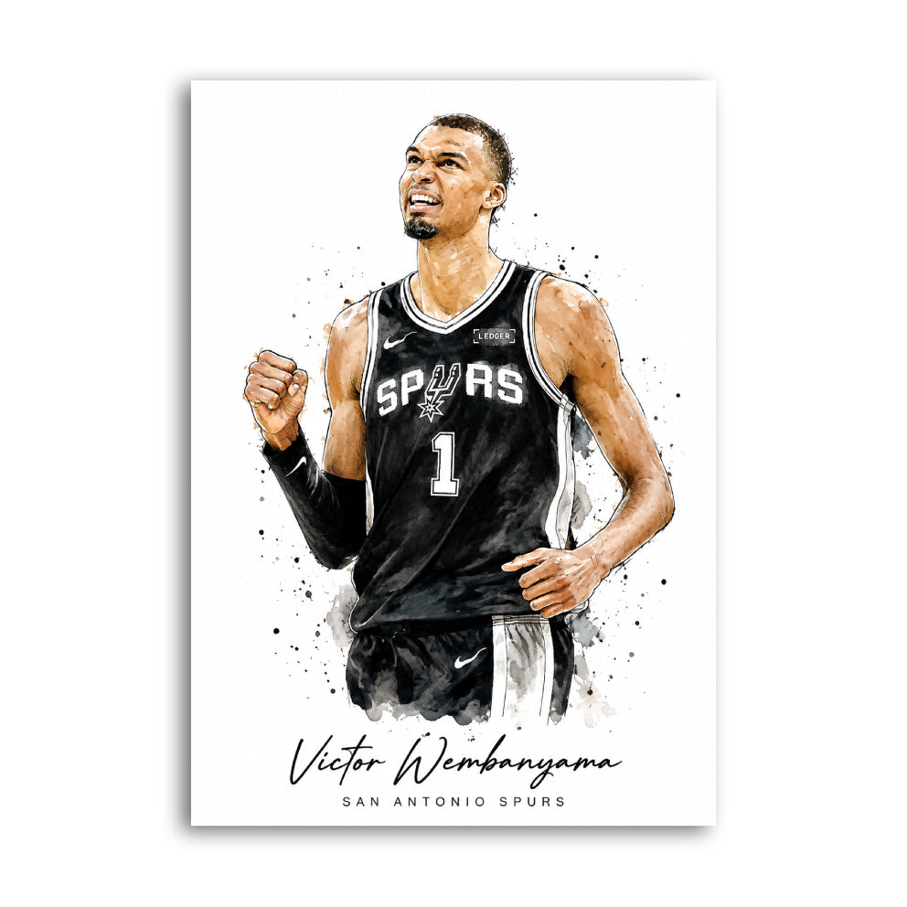 Watercolour-style print of Victor Wembanyama celebrating for the San Antonio Spurs