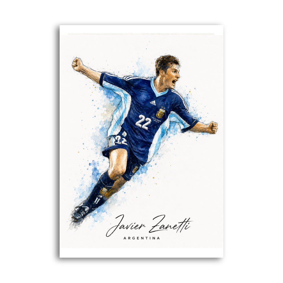 Javier Zanetti celebrating in Argentina dark blue number 22 kit with blue watercolour splashes